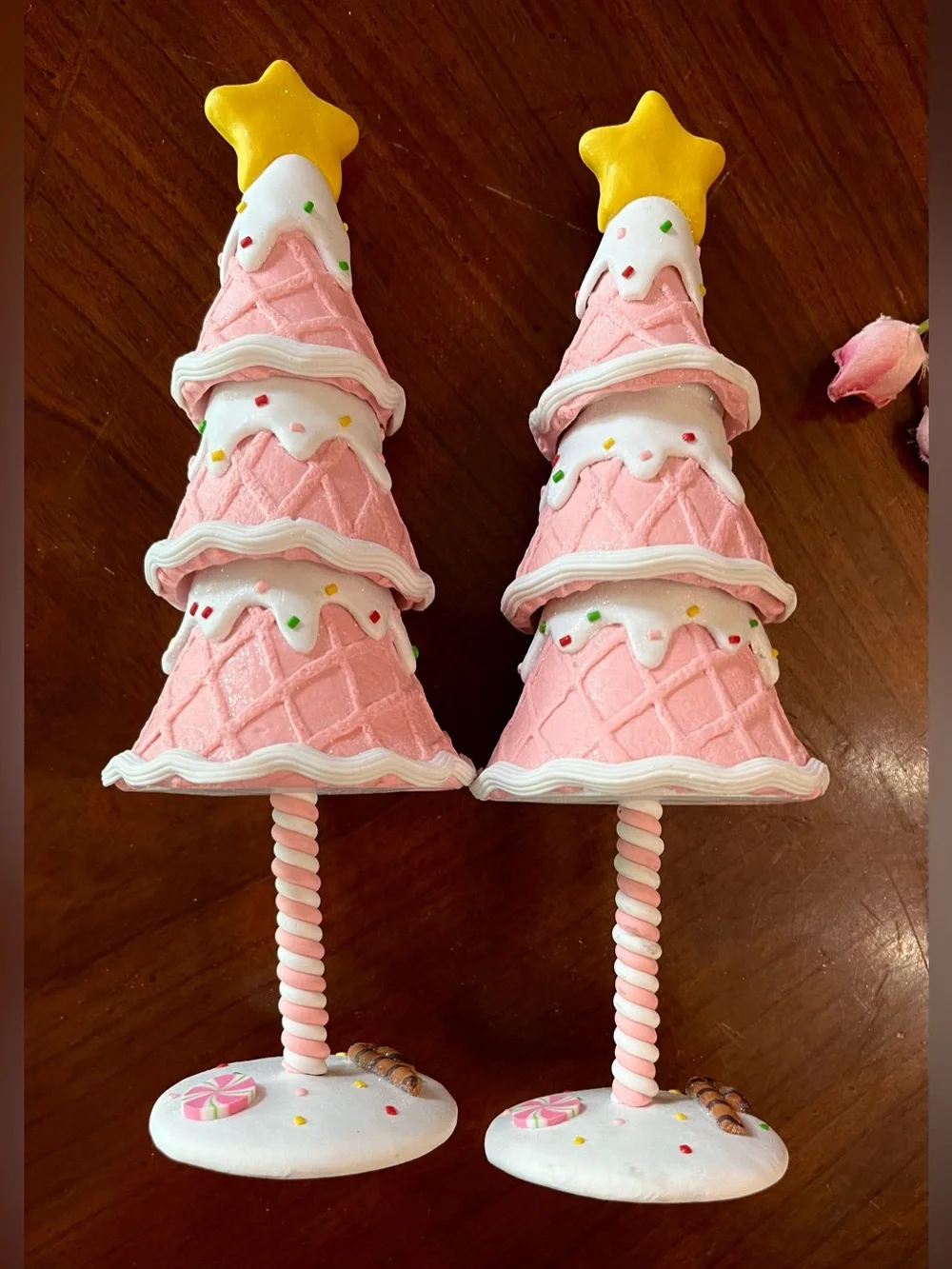 Set of 2 Pink Waffle Cone Christmas Tree Figurines 10
